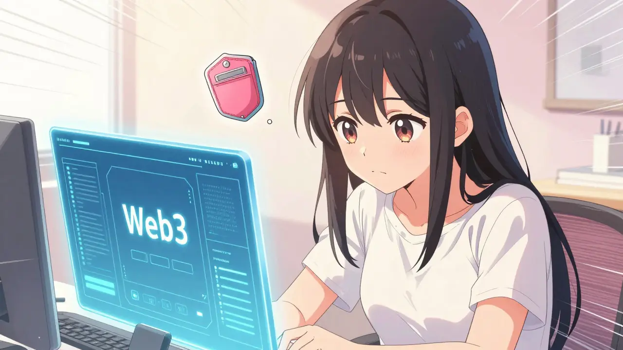 Determined girl managing her secure crypto wallet at a desk