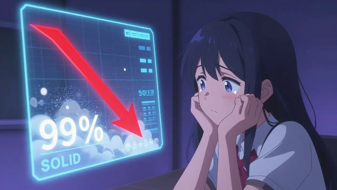 Distressed anime girl reacting to a dramatic red price crash on a digital screen.