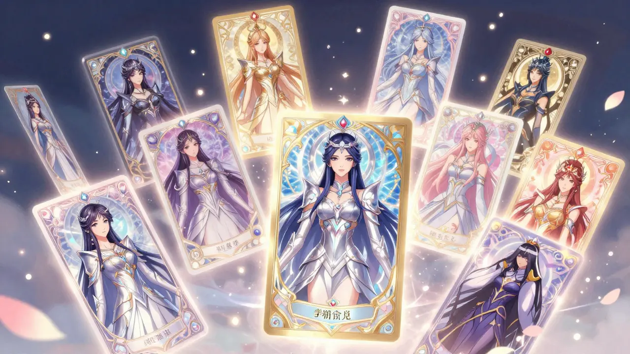 Elegant mythological god characters as stylized NFT cards in shoujo manga style