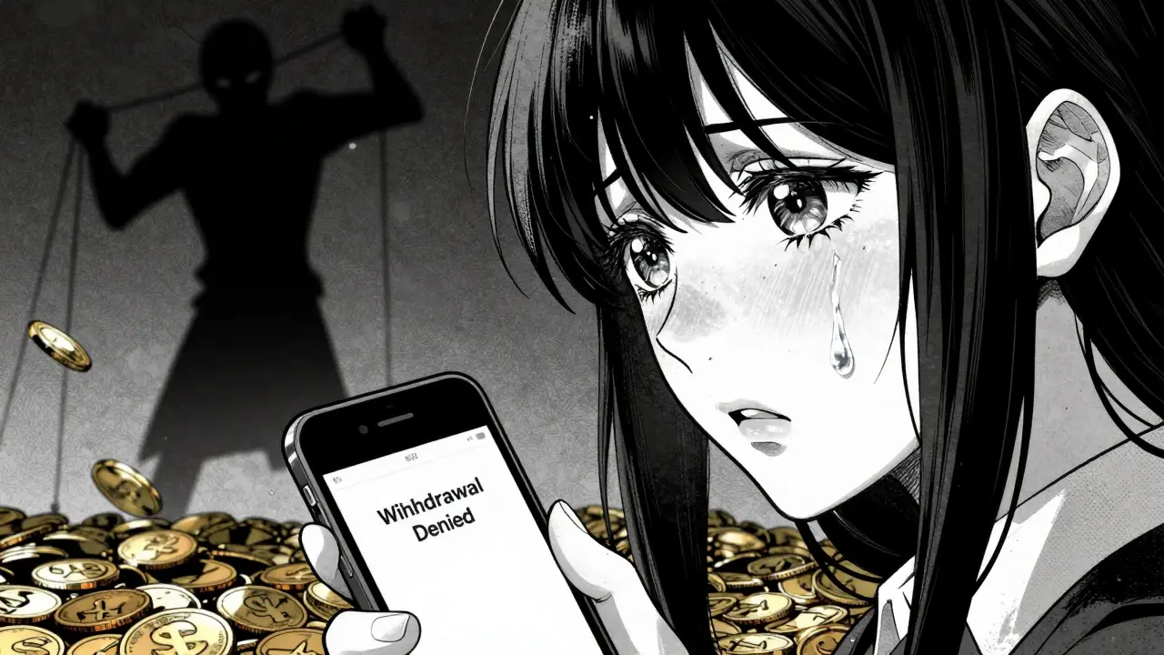 Emotional anime scene of a crying person with a denied withdrawal message on a phone.