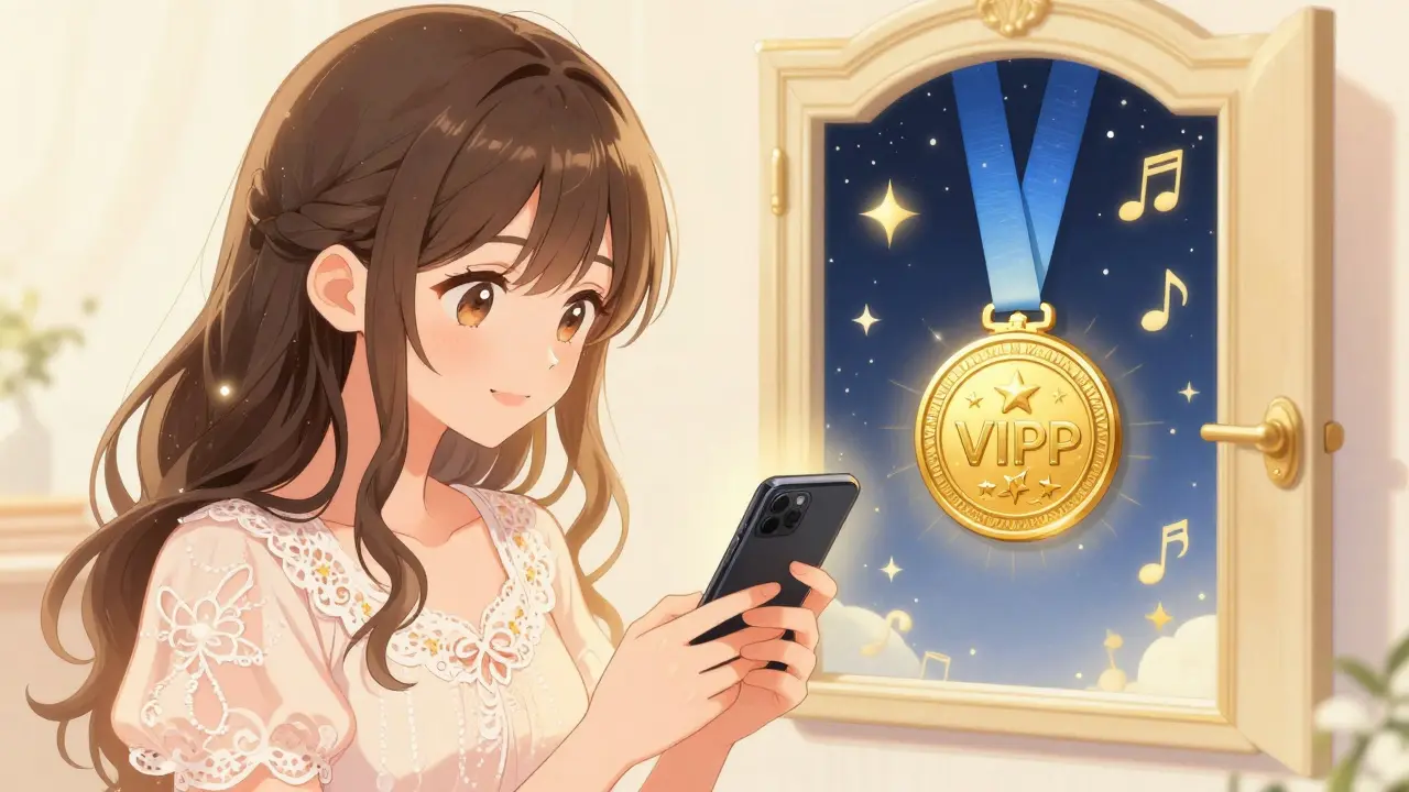 Fan using a digital NFT key to unlock a magical VIP lounge in shoujo manga style