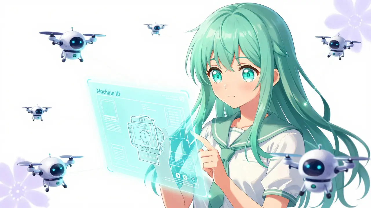 Female developer working with holographic machine IDs and small robots