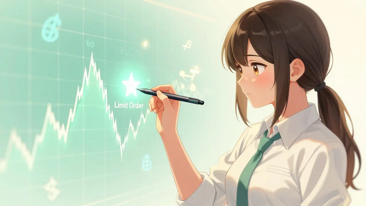 Focused anime trader placing a limit order on a glowing digital chart