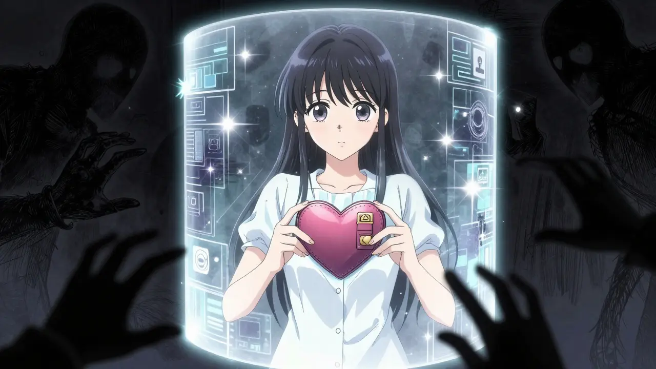 Girl protected by a digital shield from shadowy figures