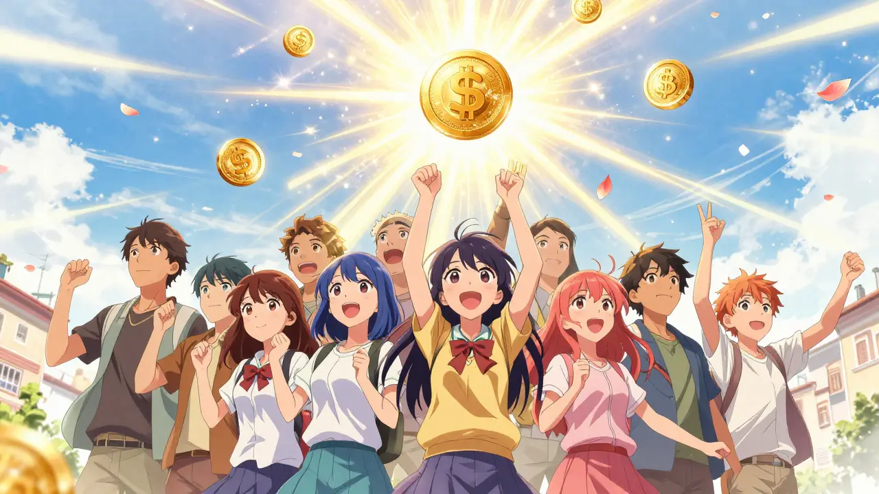 Joyful people in Bolivia celebrating the lifting of the crypto ban in bright manga style.