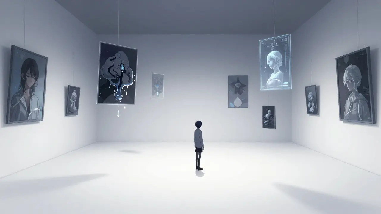 Lonely character standing in an empty futuristic VR art gallery with holographic paintings.