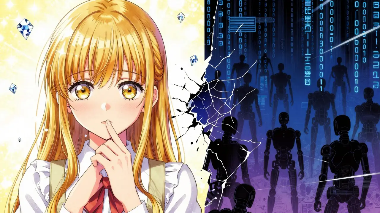 Manga split-screen showing a glittering wealth facade breaking to reveal dark robots.