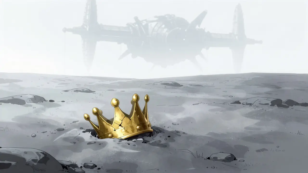 Manga style cracked golden crown lying on a lonely lunar surface