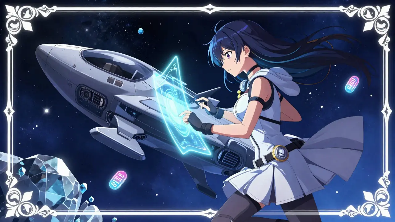 Manga style spaceship near an asteroid with a character at a console