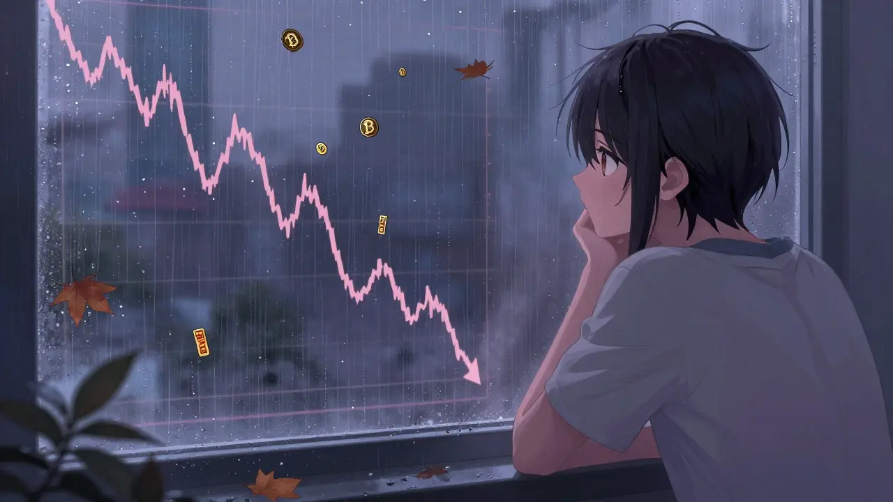 Melancholic person looking at a declining digital chart during rain in shoujo manga style