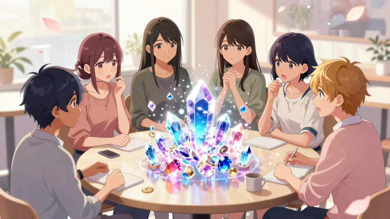 People in a cafe surrounded by glowing crystals representing various cryptocurrencies.