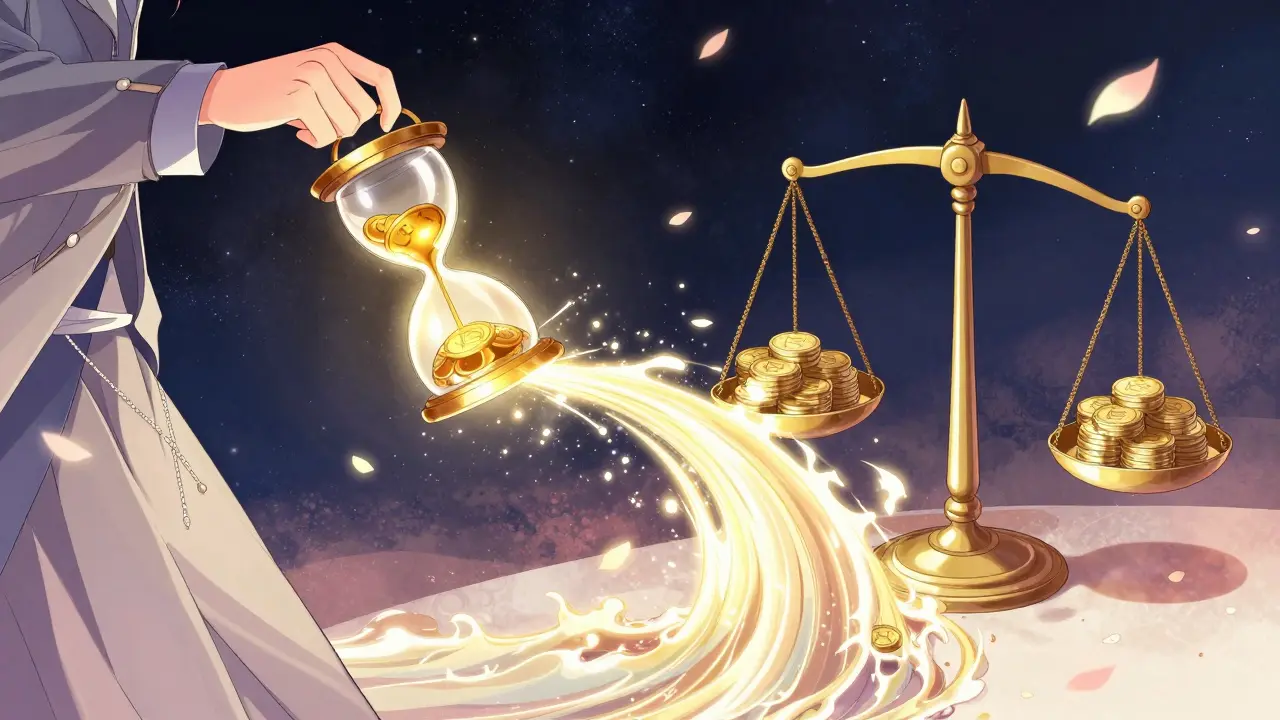 Person locking a golden token into a celestial hourglass to influence governance in shoujo manga style.