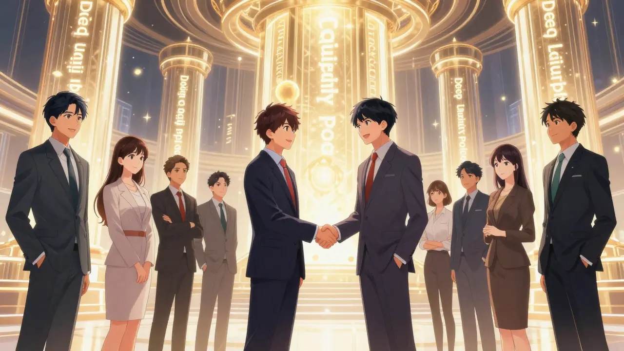 Professional manga characters shaking hands in a high-tech hall with glowing pillars.