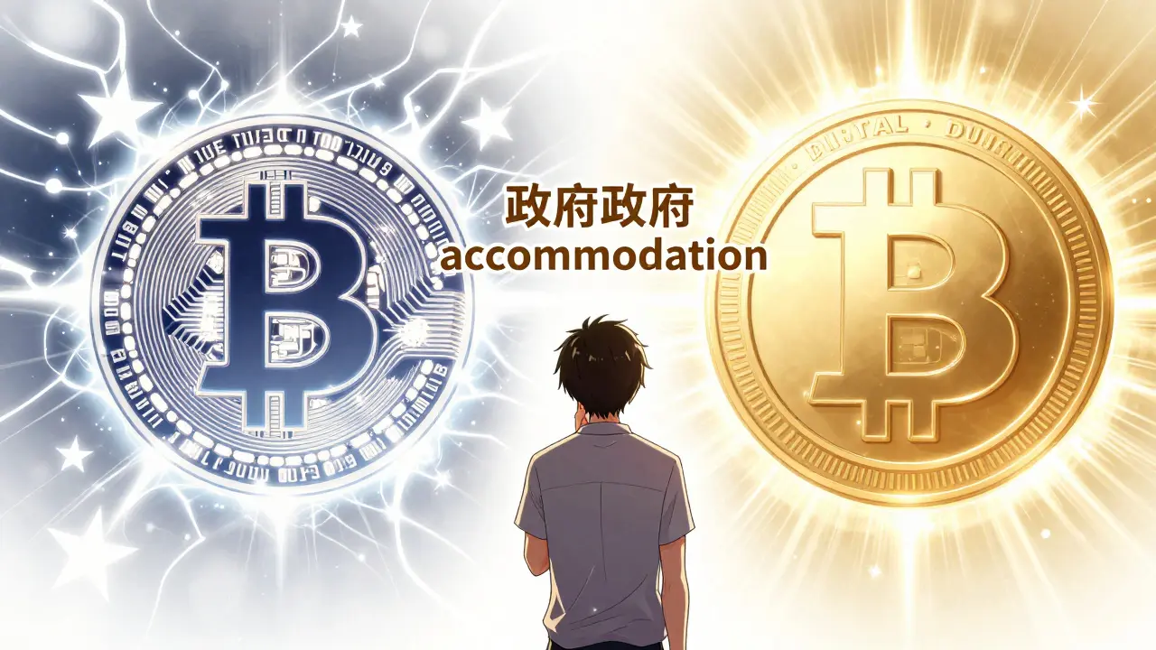 Shoujo manga art contrasting a decentralized Bitcoin with a structured Digital Rupee