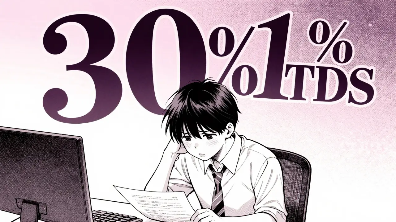 Shoujo manga illustration of a distressed trader with floating 30% and 1% tax symbols
