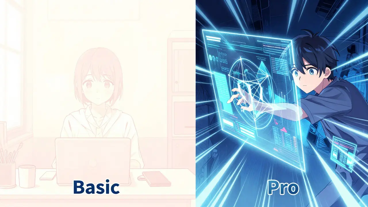 Shoujo manga split-screen showing a simple workspace and a complex holographic trading interface.