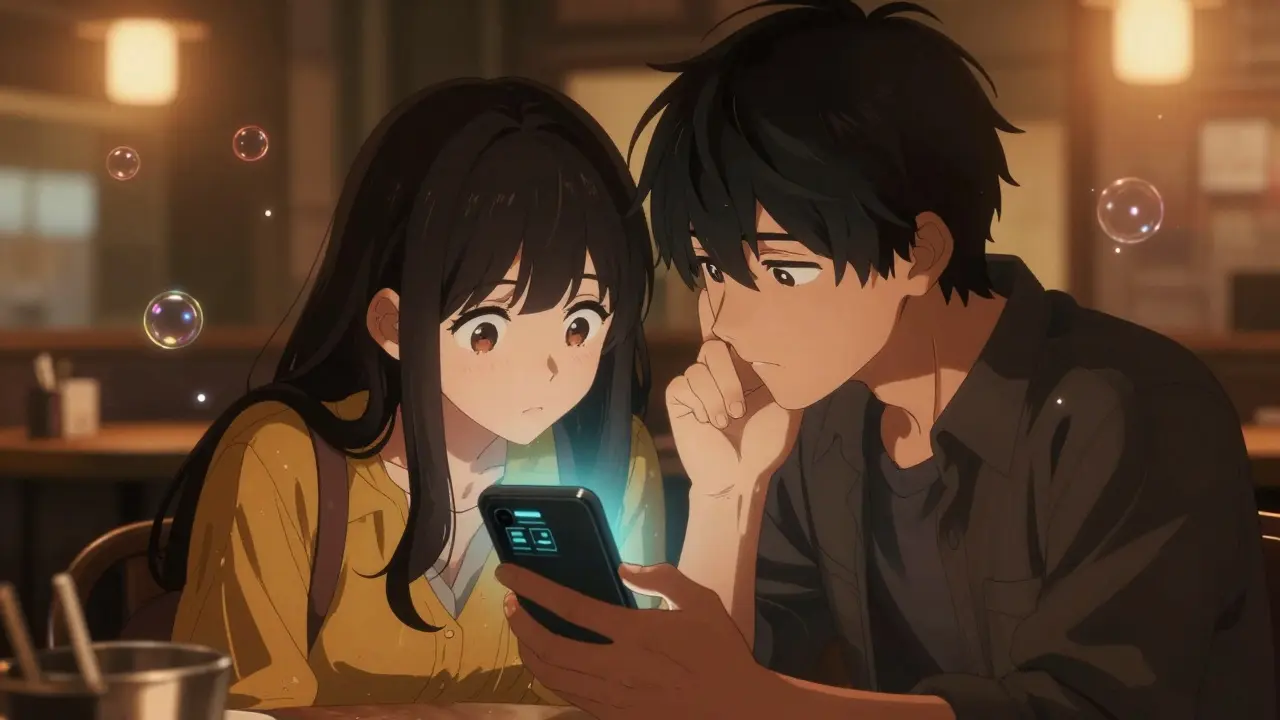 Two people secretly using a crypto wallet on a phone in a dimly lit café, manga style.
