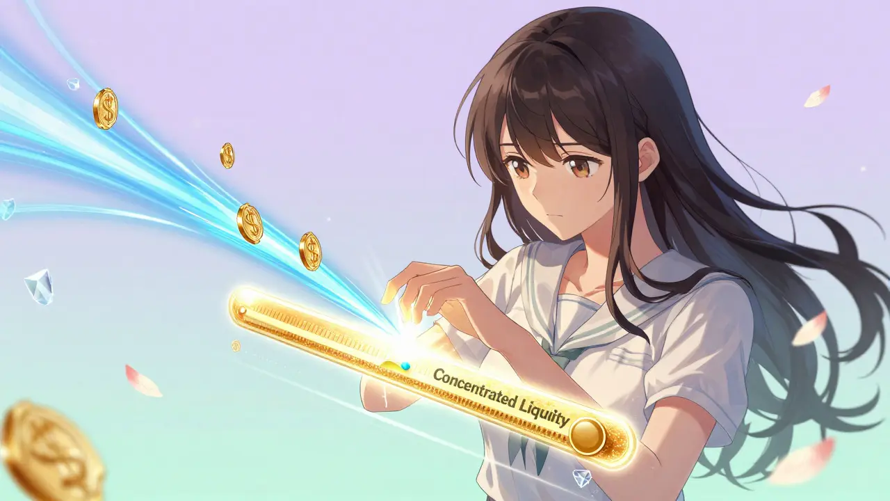 Woman adjusting a glowing golden range slider to concentrate digital energy streams.