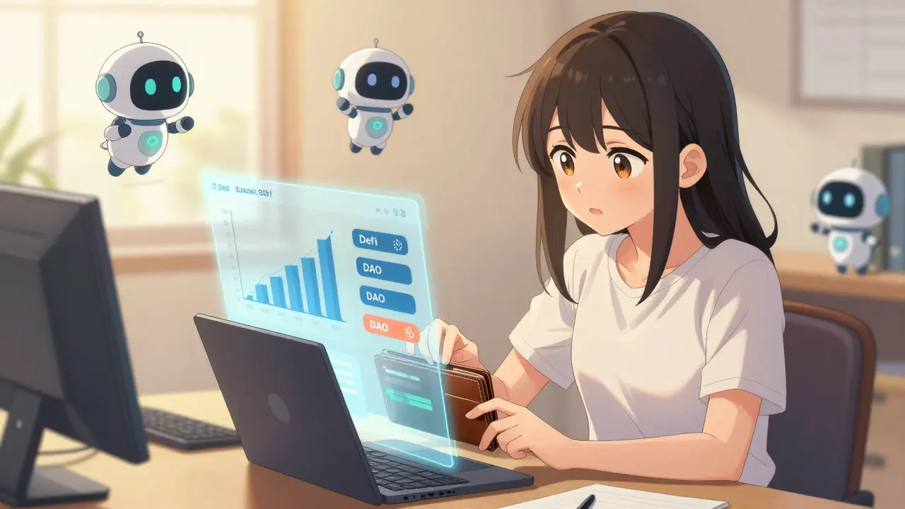 Young woman interacting with a crypto wallet and DeFi interfaces in a cozy room