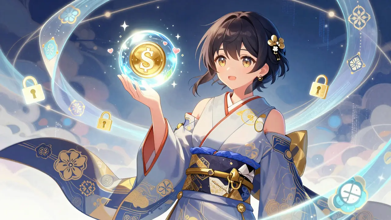 A stylish anime character holding a glowing token orb with staking motifs