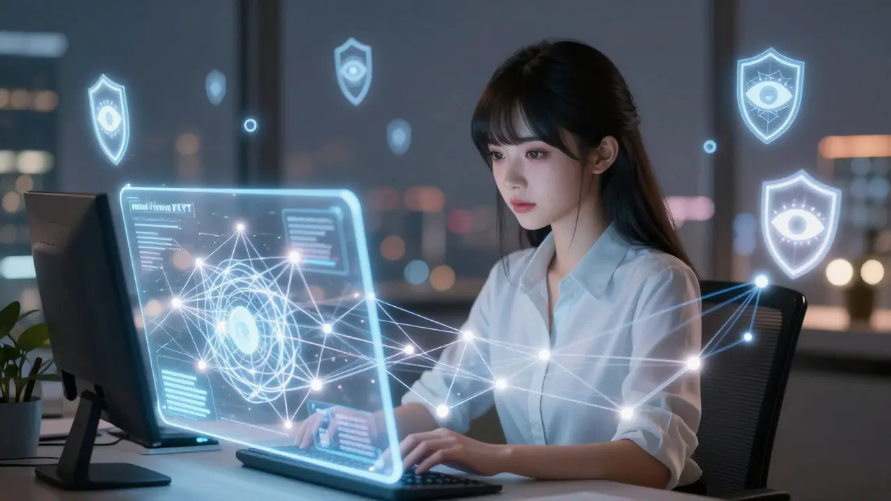 An analyst monitoring blockchain transactions via holographic displays in a dreamy anime style.