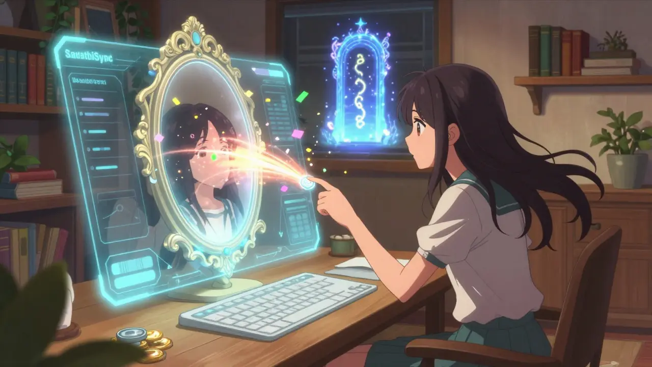 An anime girl using a magical holographic interface to transfer crypto assets