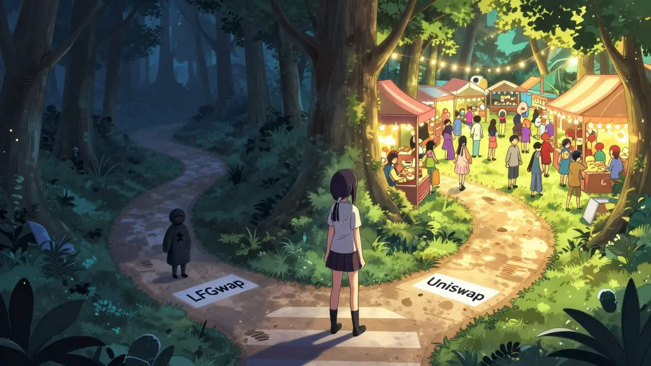 Anime character choosing between a dark lonely path and a bright busy market.