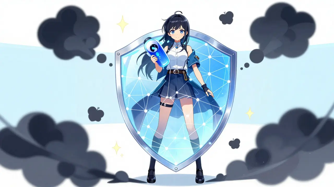 Anime character protected by a cryptographic shield from hackers