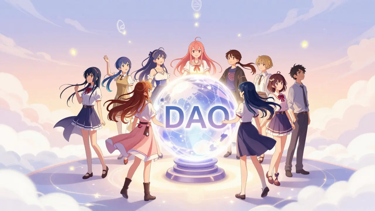 Anime characters gathering around a glowing crystal orb representing DAO governance in shoujo manga style.