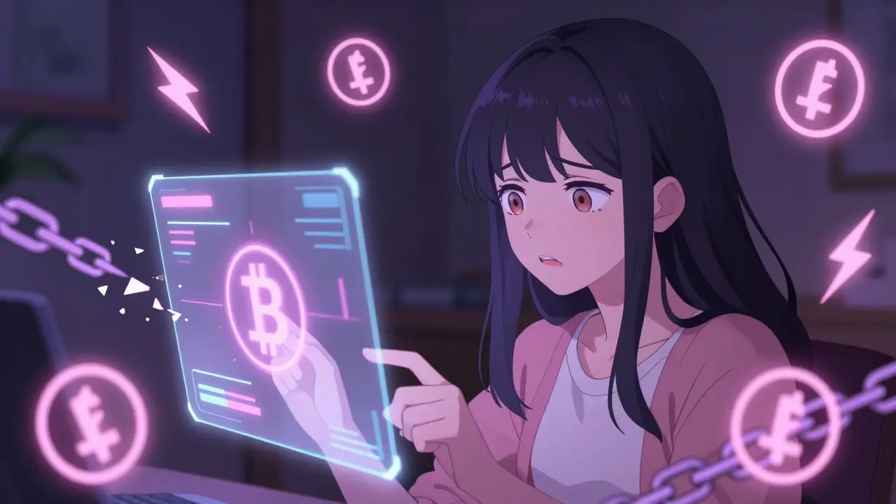 Anime girl looking worried at holographic crypto warnings