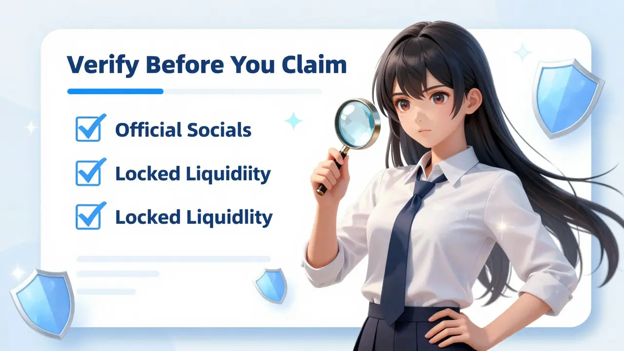 Anime girl using a checklist to verify crypto airdrop legitimacy and avoid scams.