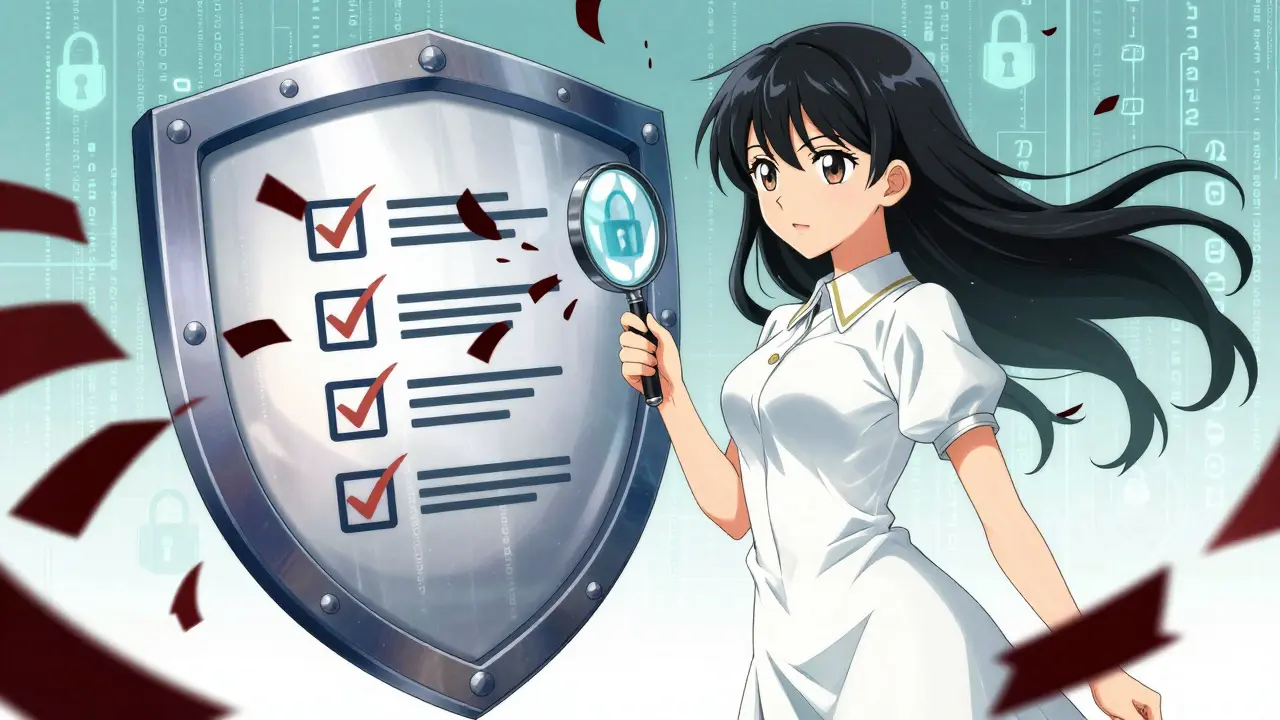Anime heroine using a shield and magnifying glass to block crypto scam threats.