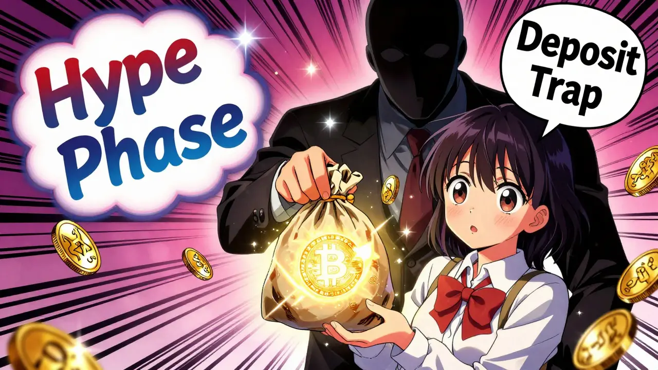 Anime illustration of crypto deposit trap deception pattern