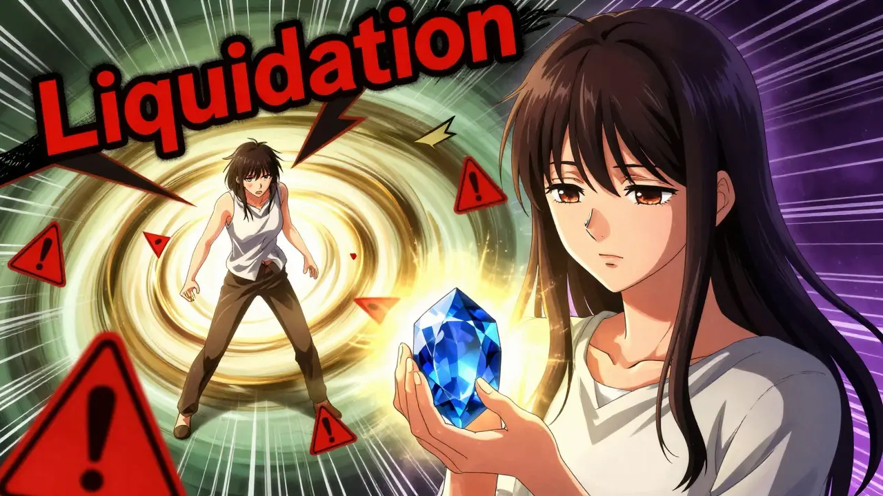 Anime scene showing safe spot holding vs risky leveraged futures.