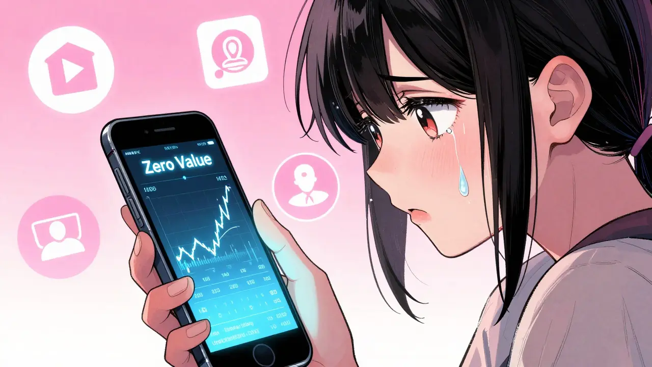 Anxious character checking zero-value crypto chart on phone screen