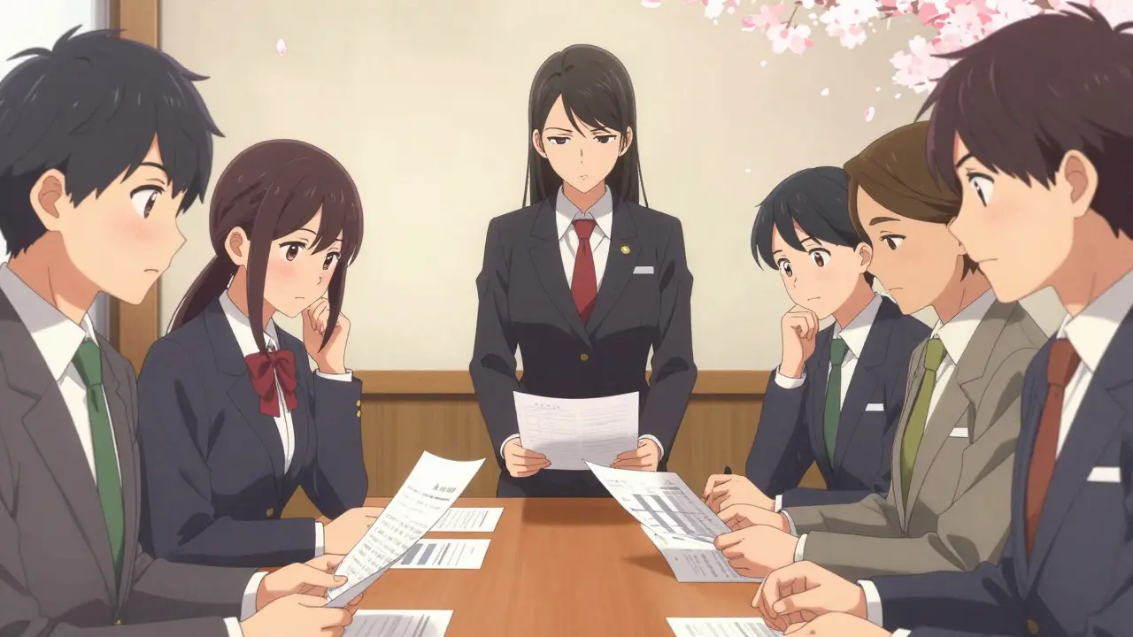 Business team reviewing compliance documents in a Japanese boardroom