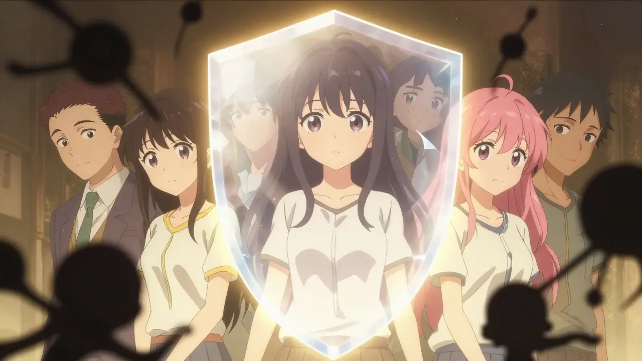 Characters protected by a glowing crystal shield against threats, depicted in shoujo manga art.