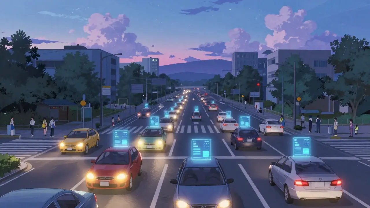 City traffic scene with drivers connected by glowing digital trails