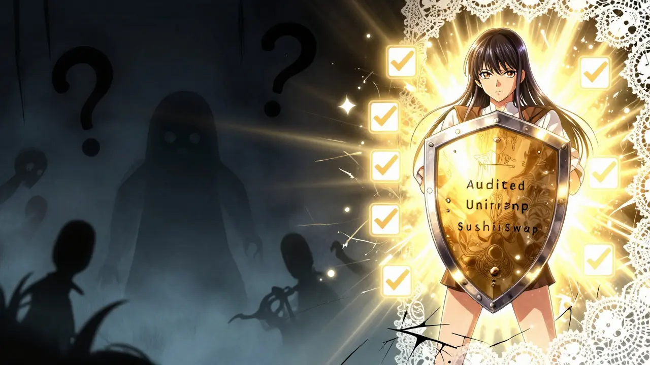 Contrast between dark un-audited risks and golden shielded security in anime style