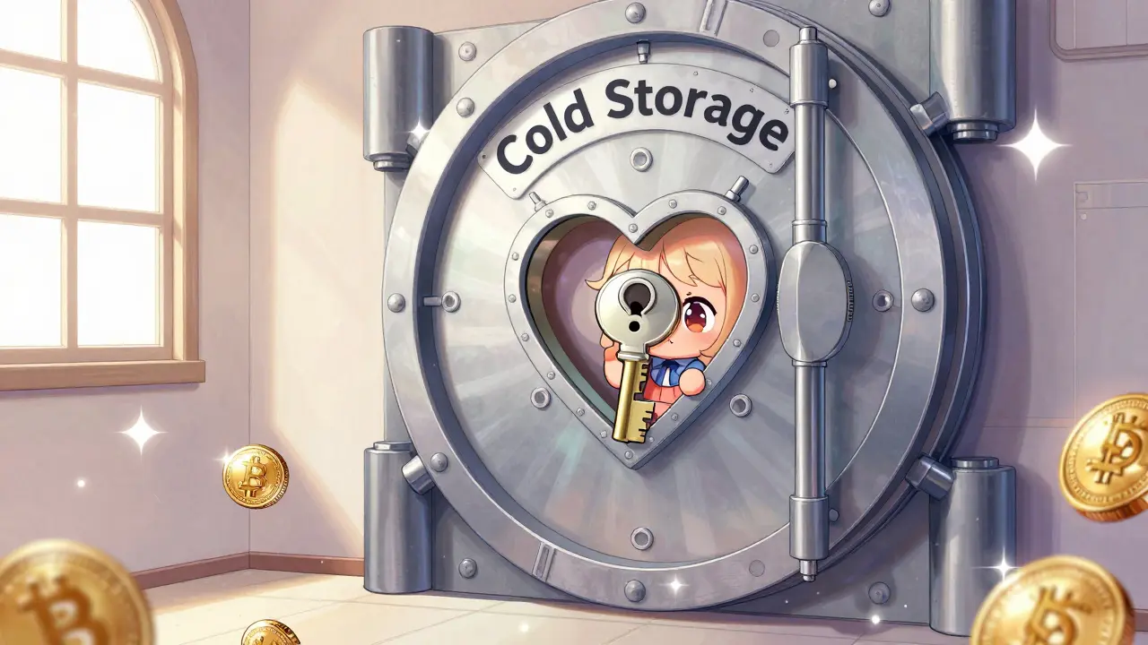 Cute key character locking crypto assets into a secure vault