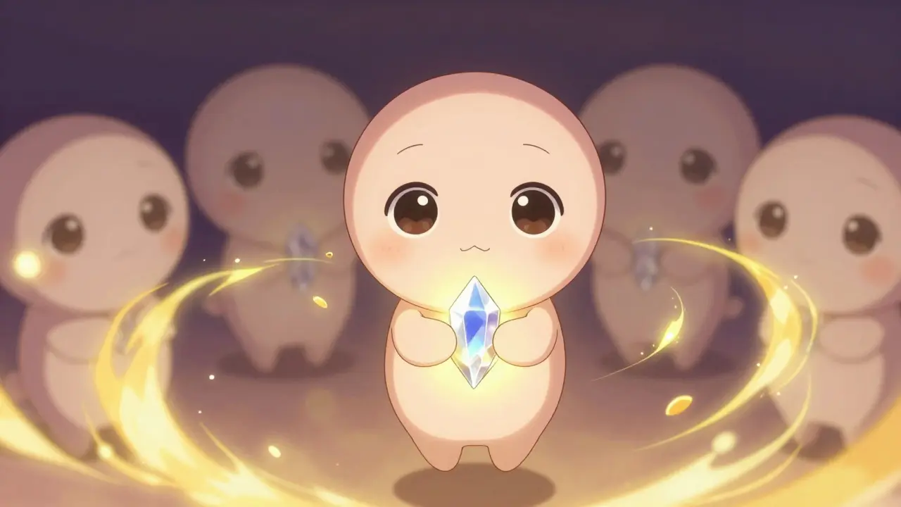 Cute MOMO NFT character floating with golden hash power particles and crystals