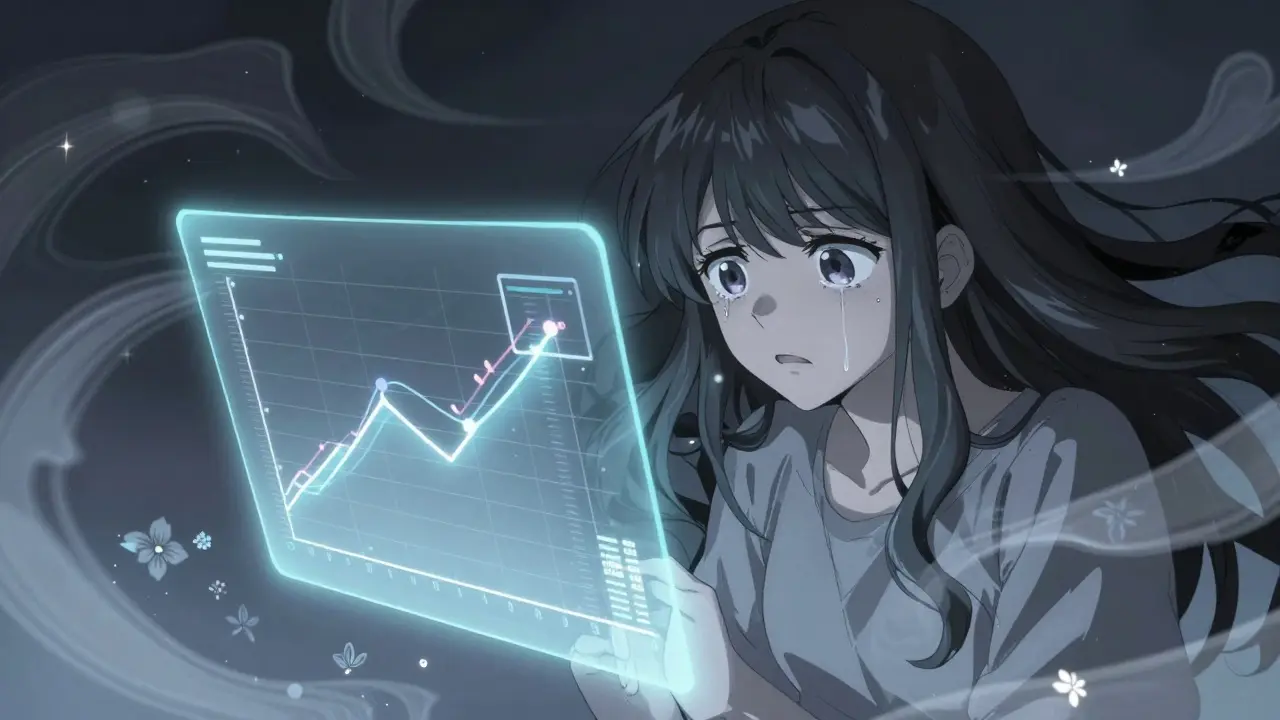 Distressed anime girl looking at a flatlining crypto chart in a dramatic shoujo manga scene.