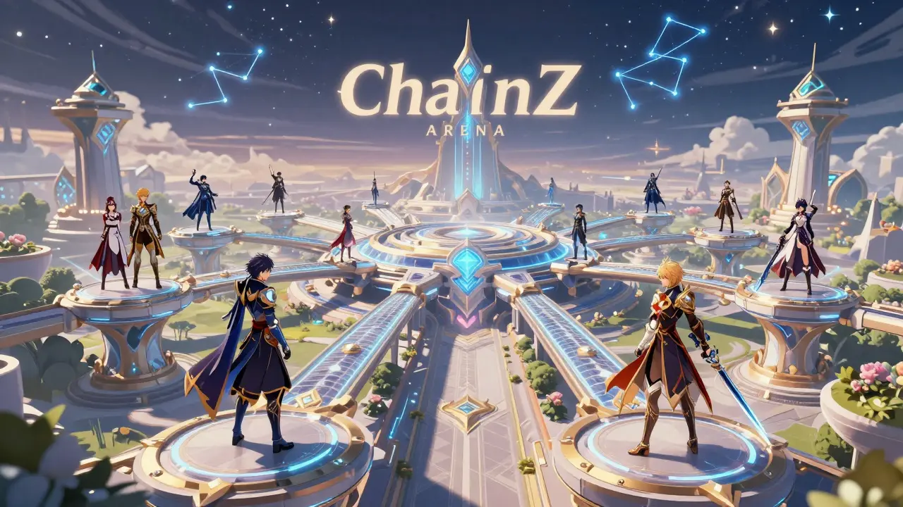 Epic shoujo manga view of a cross-chain metaverse arena with armored warriors