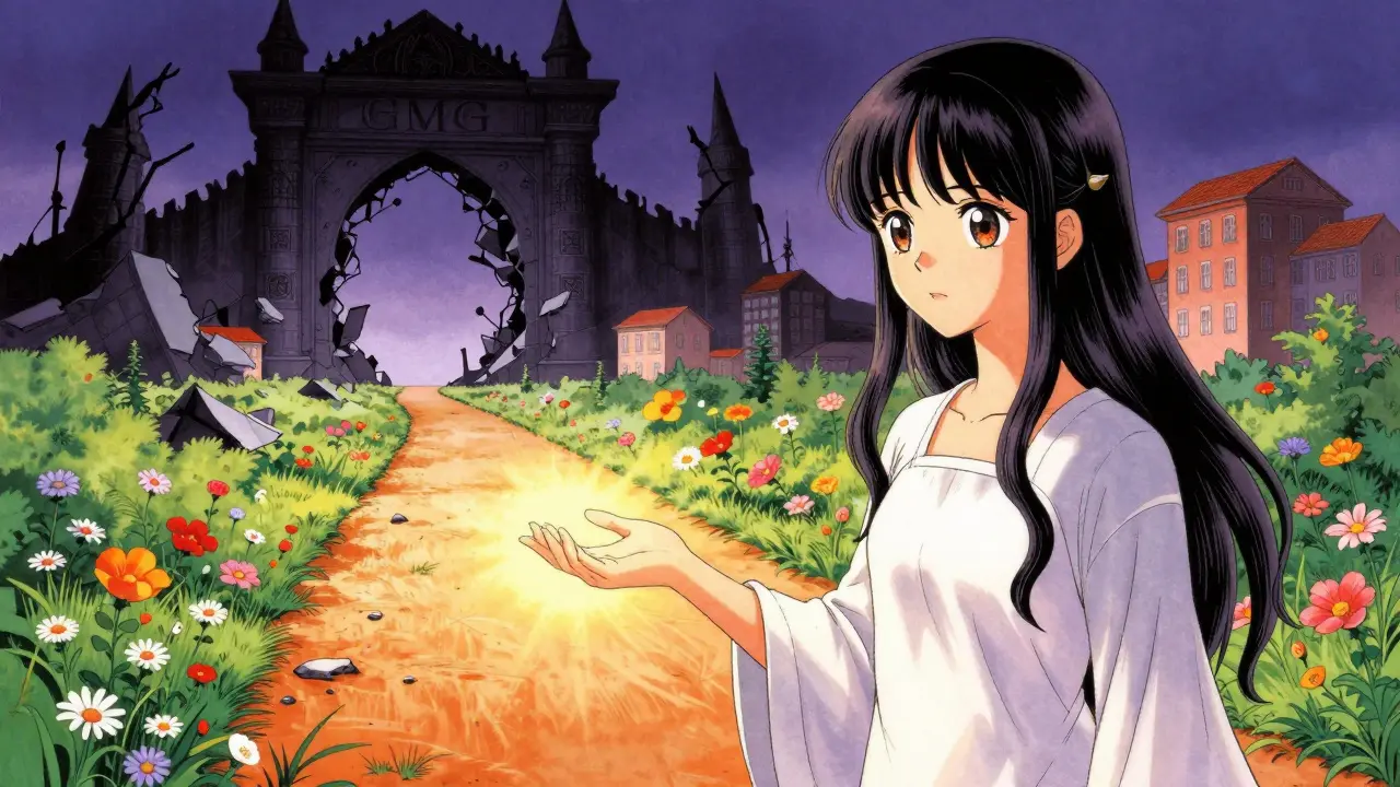 Ethereal guardian spirit warning against risky investments in a colorful shoujo manga illustration.