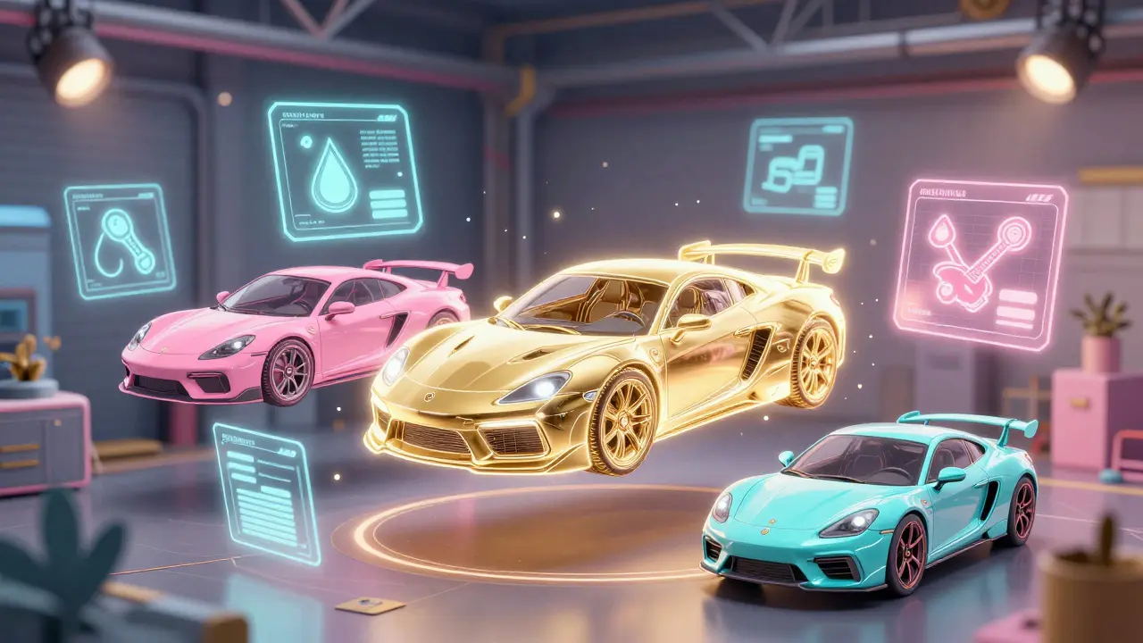 Futuristic vehicle NFTs hovering in a magical digital showroom