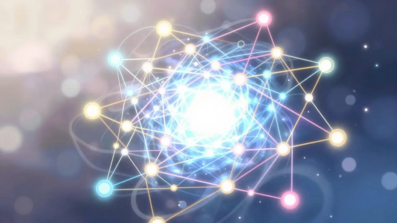 Magical network of colored threads merging into a bright core.