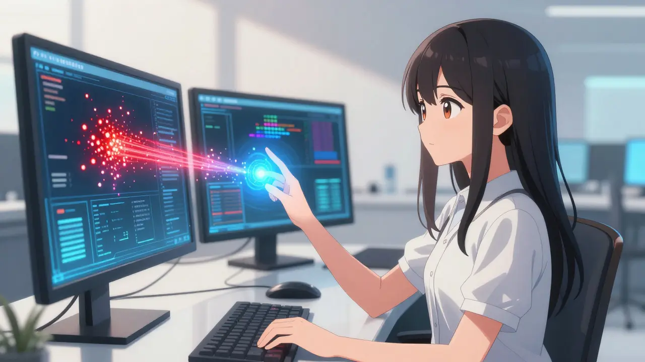 Manga analyst calming a red data stream with blue light.