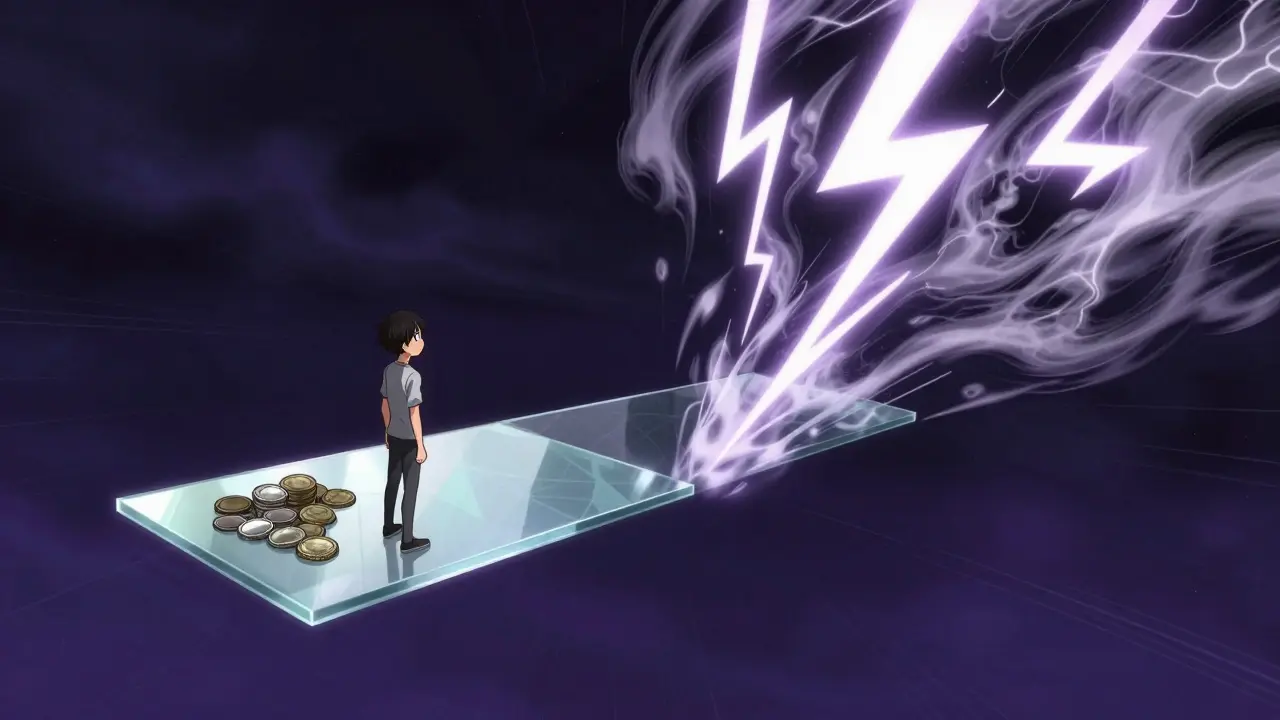 Manga character balancing on a fragile platform amidst stormy winds