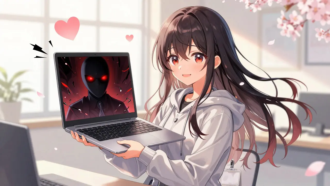 Manga character hiding sinister true identity behind laptop screen