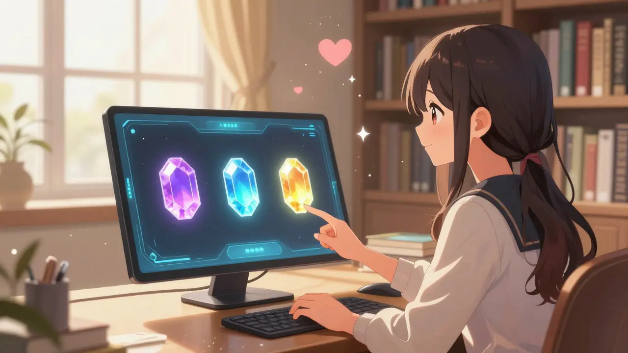 Manga character using a clean interface with three colorful tokens